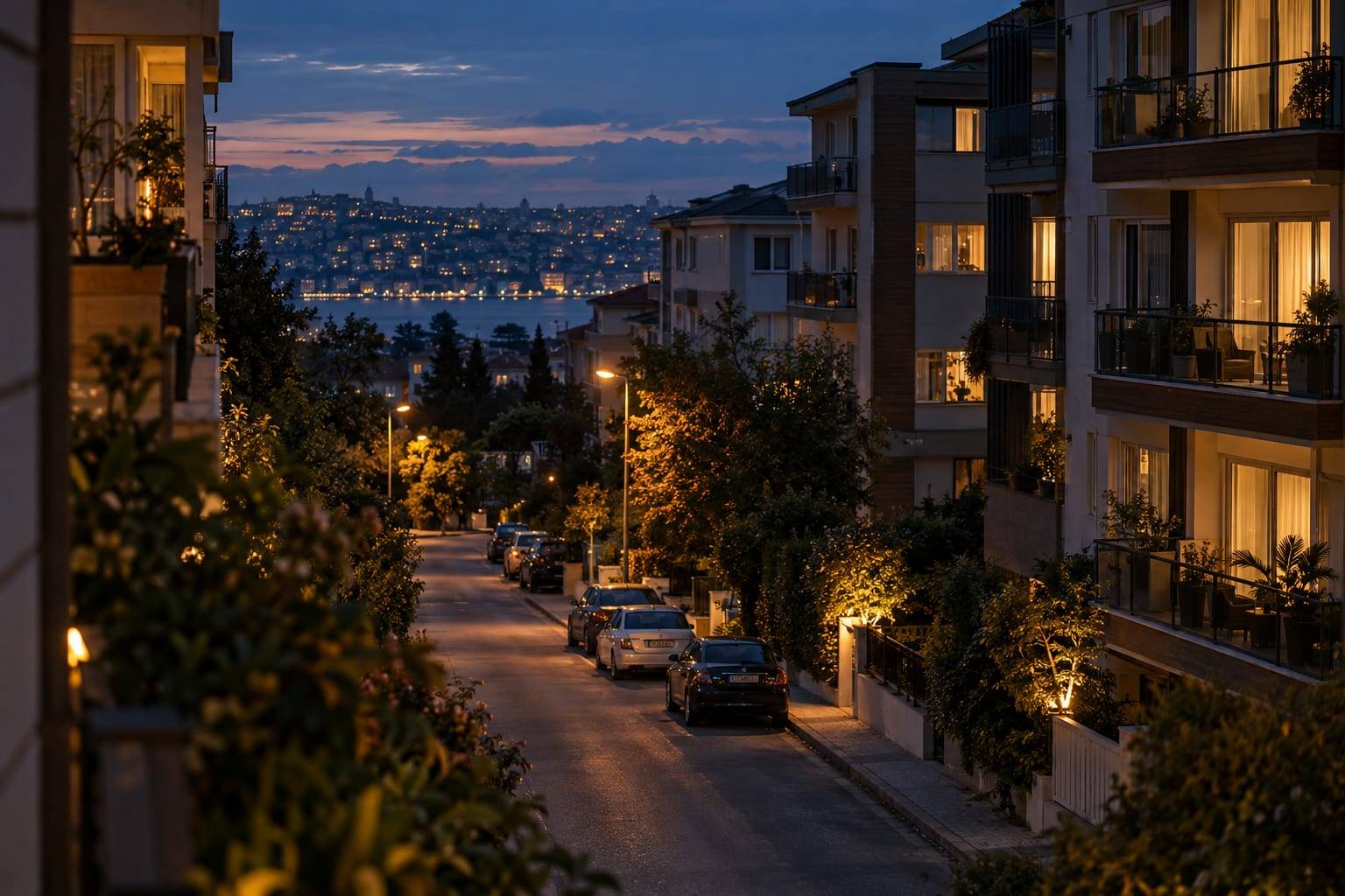 Akşam ışıklarının yandığı, denize bakan bir İstanbul mahallesinde apartman sokağı