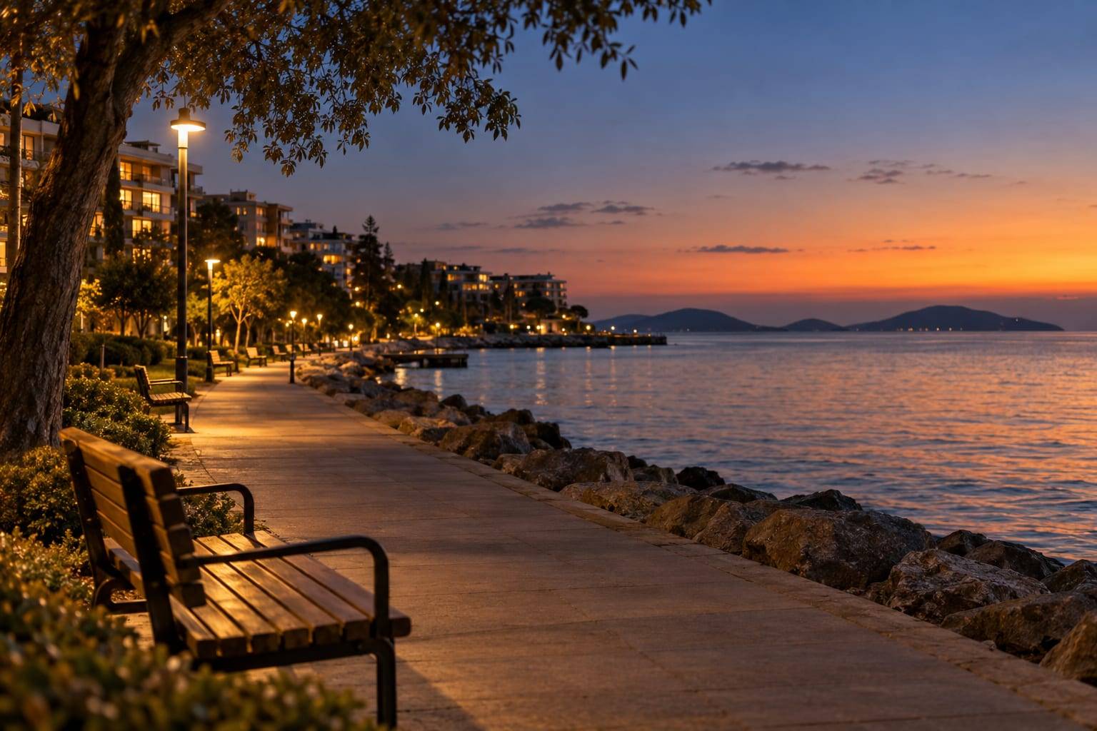 Gün batımında deniz kenarındaki yürüyüş yolu, bankı ve ufukta adalar